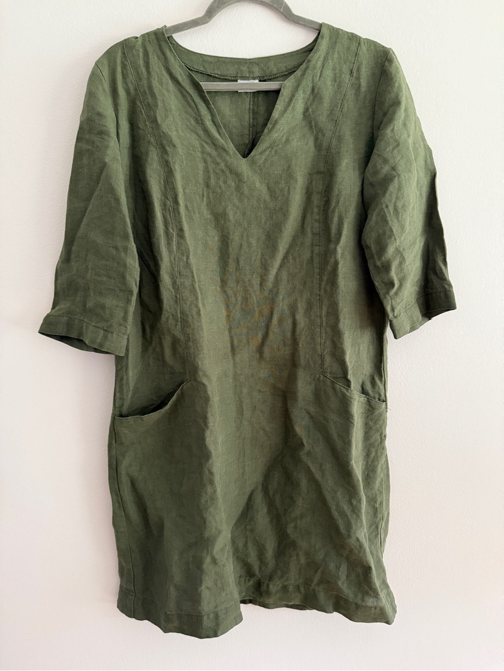 Len Ok olive green linen dress, pockets, medium